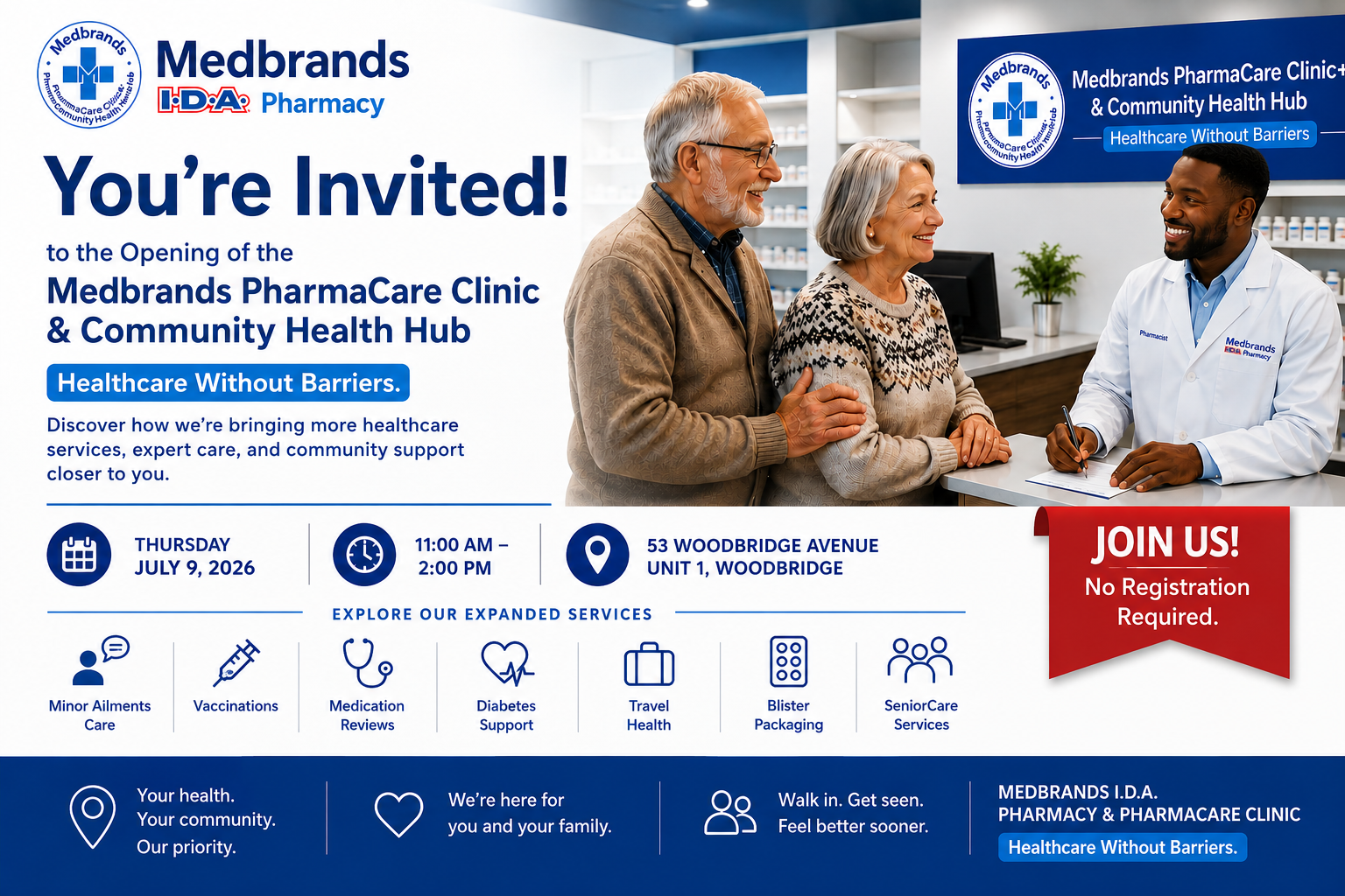 Invitation to the Medbrands Community Healthcare Access Day and opening of the Medbrands PharmaCare Clinic & Community Health Hub in Woodbridge, Ontario, on July 9, 2026.